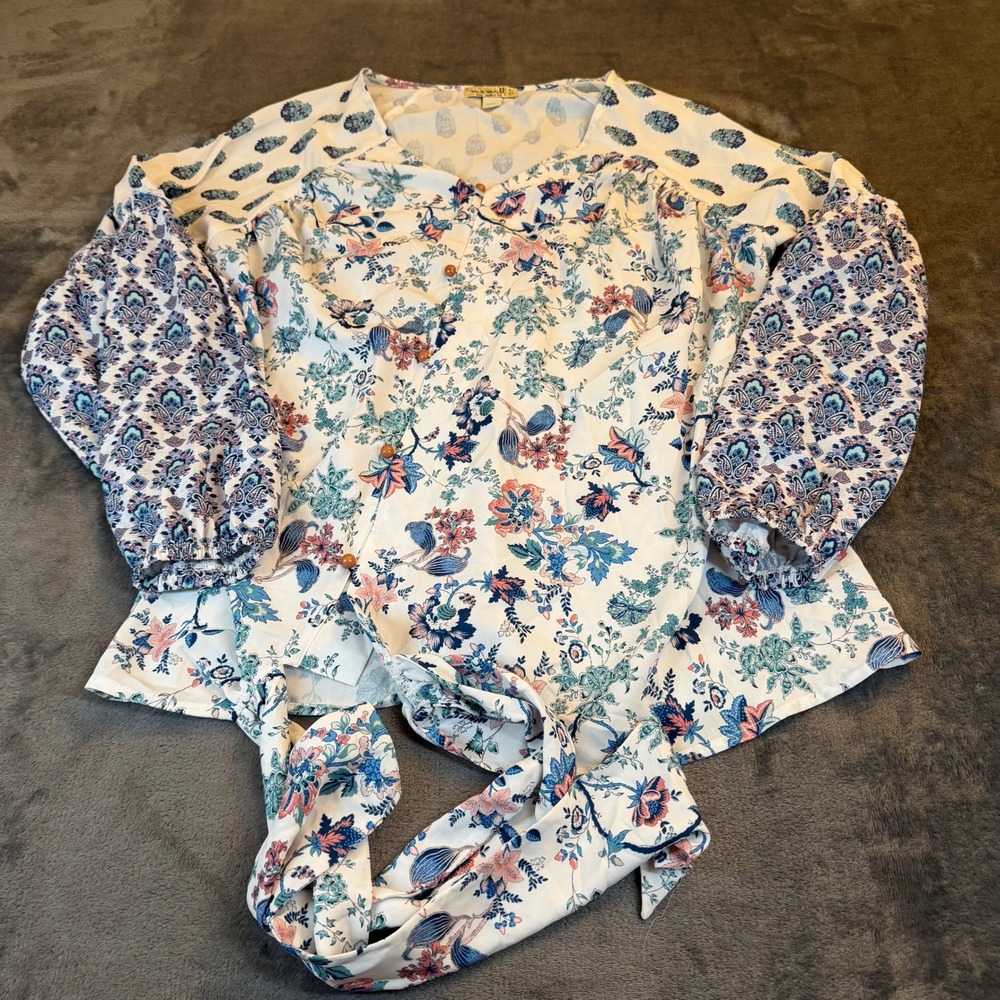 One World Floral Print Split‎ Neck Button Front Long Sleeve Blouse Womens Small